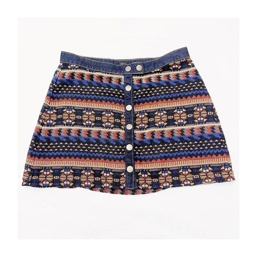 BDG Denim Skirt Native Woven Print Copper Buttons SZXL